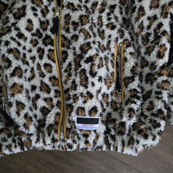 Miu Miu Leopard Teddy Brown Bomber Jacket Hooded Coat size 42 6 S NEW - Picture 7 of 15